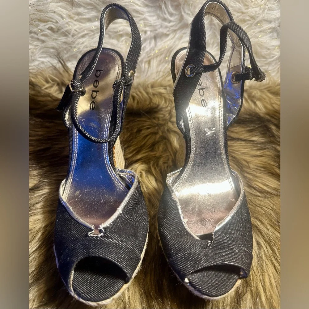 Vintage Bebe Blue Denim Espadrille Wedge Sandals Women’s Size 8.5 – Y2K Style